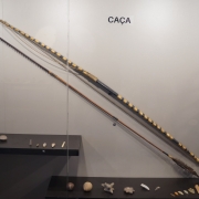 Artefatos de caça indígenas expostos em galeria de vidro